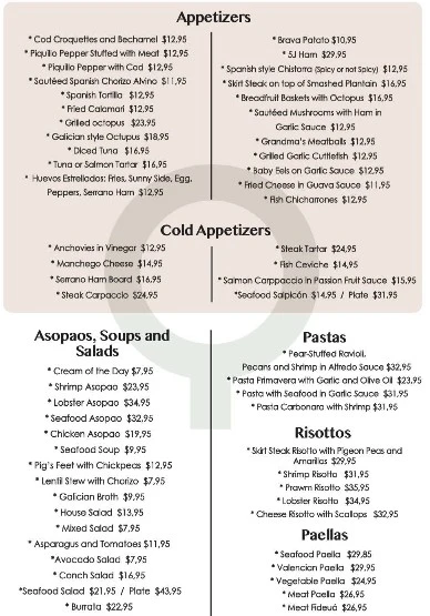 Coqué menu page 1 — appetizers, cold appetizers, asopaos, soups and salads, pastas, risottos, and paellas