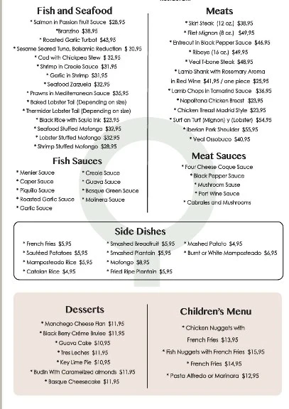 Coqué menu page 2 — fish and seafood, meats, sauces, side dishes, desserts, and children's menu