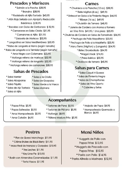 Menú de Coqué página 2 — pescados y mariscos, carnes, salsas, acompañantes, postres y menú niños